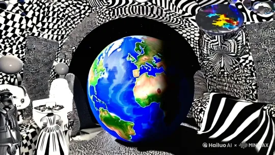 生成生成一段你认为最电波系，最意识流魔幻的视频，不要出现人物，最好存在后现代主义，色彩不要太鲜艳，杂乱一些，但是可以看得清，其中要有地球，具象化的死亡，无限重复的场景如西西弗斯一样，只允许存在黑色，白色，蓝色，创作时间大概1分钟[拉远] by Hailuo AI Video Generator