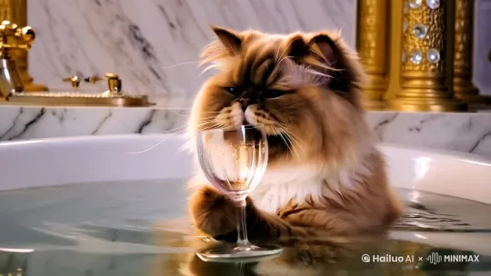 一只漂亮可爱的波斯猫悠闲慵懒的泡在浴缸里，脸上带着微笑，表情很享受，手中还端着一杯葡萄酒 by Hailuo AI Video Generator