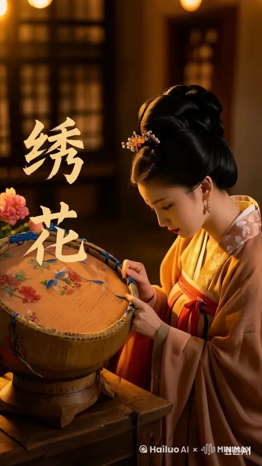 大唐朝美丽的织女，在穿梭纱线编织着漂亮的锦缎 by Hailuo AI Video Generator
