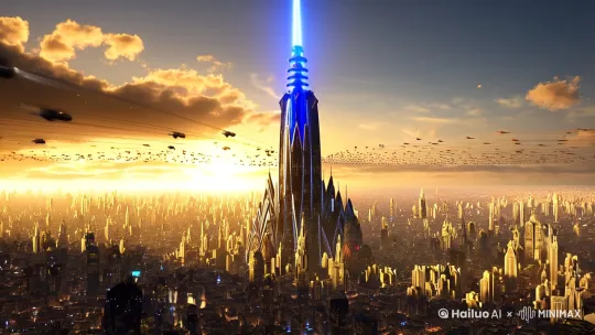 片段3：未来城市全貌与标志建筑科幻感现实感
提示词：
Wide-angle reveal of cyberpunk megacity, colossal central tower emitting blue energy beam, thousands of flying vehicles forming light trails, sunrise over layered city structure, cinematic slow zoom-out with epic music swell, dynamic clouds and volumetric lighting, 32k resolution concept art style
关键元素：

标志性建筑（能量光束塔强化记忆点）

宏观视角（飞行器光轨展现城市活力）

光影层次（晨光穿透多层城市结构）

镜头语言：缓慢拉远+音乐高潮定格 by Hailuo AI Video Generator