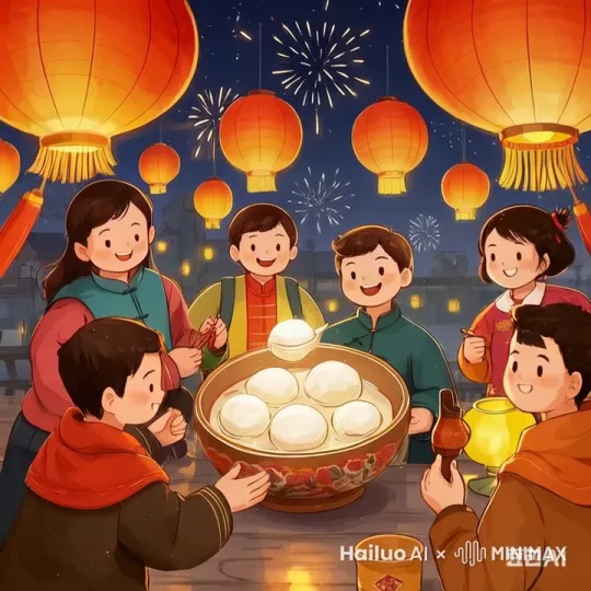大家一起其乐融融，烟花满天 by Hailuo AI Video Generator