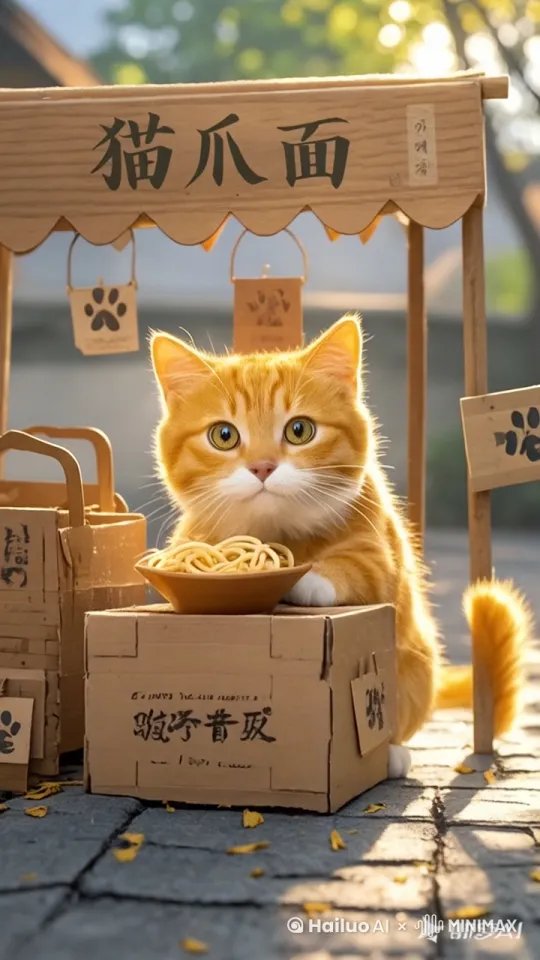 清晨，小猫用纸箱搭了个小摊，挂着"猫爪面"的牌子
第一位顾客："老板，来碗面"
小猫："喵！"（开心地点头） by Hailuo AI Video Generator