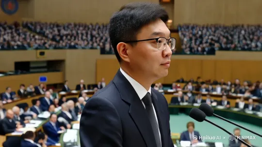 穿正装在联合国大会上发言 by Hailuo AI Video Generator