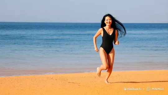 个身材非常好亚裔女性穿着性感的泳衣，慢慢的奔跑在金色的沙滩上，海风吹拂着她黑色的头发，她回眸一笑百媚生。 by Hailuo AI Video Generator