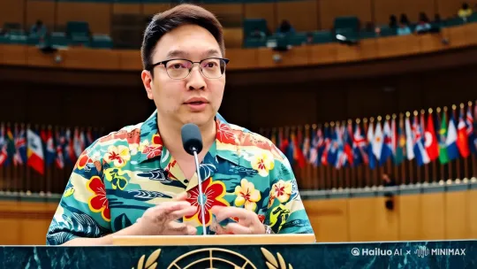 穿夏威夷花衬衫在联合国发言 by Hailuo AI Video Generator