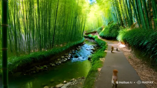 幽静竹林中，一条小溪从竹林中穿过，溪水流淌，小溪旁有一条幽径小路，两只松鼠从溪流旁嬉戏到小路上，镜头从上渐落，捕捉雾气缭绕，竹影婆娑轻摇，电影氛围，远景 by Hailuo AI Video Generator