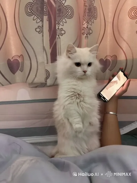 画面中的小猫向着镜头看来，拿起右边的手机屏幕，手机屏幕亮出白色亮光，小猫被吸入亮光内，镜头越拉越近，随后手机亮光消失，然后手机掉落 by Hailuo AI Video Generator