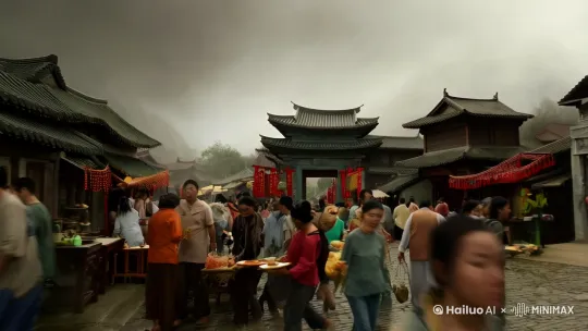 镜头从一片云雾缭绕的神秘天空快速拉近，聚焦在古色古香的小镇街头。人群熙熙攘攘，都在为二月二龙抬头的盛事做准备。突然，一道奇异光芒从画面一侧射出，光芒中，即梦的标志若隐若现。运镜：由远及近，快速推镜头。 by Hailuo AI Video Generator