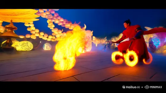"Close-up tracking shot of Nezha's flaming Wind Fire Wheels slicing through mist-covered stone path, his crimson Cosmic Armor reflecting kaleidoscopic lantern lights. The camera tilts upward to reveal a 30-meter-tall mechanical Lotus Lantern blooming with hydraulic petals, each panel projecting holographic scenes from Journey to the West. Dynamic dolly zoom as Nezha thrusts his Fire-tipped Spear, triggering pulsating light waves that activate surrounding zodiac animal lanterns - robotic Dragon coils around glowing pearl towers, Tiger lantern's eyes shoot laser projections of ancient mountainscapes.
Continuous Steadicam shot follows Nezha's混天绫(Mixed Heaven Silks) swirling through lantern alleys, the red silk interacting physically with floating lanterns: - Mechanical koi lanterns leap through silk-formed rings - Bronze Bell lanterns resonate with silk-triggered sound waves - Paper-cut constellation lanterns reconfigure into Eight Trigrams pattern.
Overhead drone view captures Nezha racing along dragon-spine archways made of interconnected porcelain lanterns, his movement triggering chain reactions: - Ceramic scales light up in wave patterns - Steam-powered puppet opera stages rotate faster - Firework fountains synchronize shooting heights with his wheel trails.
Final hero shot under massive glowing Ding (cauldron) structure: Nezha performs hand seals causing his 三头六臂(three heads six arms) form to materialize, each arm manipulating different lantern elements - left arms control dancing lantern warriors - upper arms conduct floating poem lantern orchestra - right arms reconstruct lantern pagoda with plasma welds." by Hailuo AI Video Generator