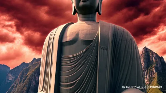 [上摇,变焦推进]高大山峦前竖立一尊巨大的佛像，大概有500多米高，佛眼慈悲看着众生，血红色的天空，翻滚着浓浓的云团。 by Hailuo AI Video Generator