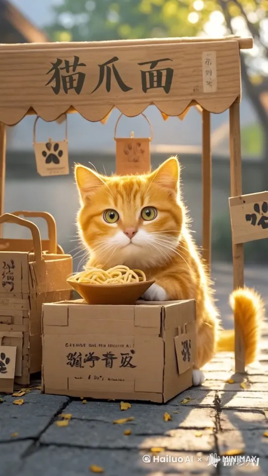 温馨日式街景动画风,清晨时分,一只橙色虎斑猫坐在街边小摊的纸箱上,面前摆放一碗热腾腾的拉面,汤面升腾着袅袅热气。纸箱上手绘风格的"猫爪面"字样格外醒目,周围点缀着五彩风铃和灯笼,增添了几分趣味。背景中,木质招牌上同样书写着"猫爪面",旁边悬挂着各式节日装饰,营造出浓厚的日式风情。阳光斜照,金黄的光线洒在石板路上,整个场景弥漫着一股暖洋洋的气息。小猫抬头望向第一位顾客,开心地点了点头,发出了一声满足的"喵"叫,仿佛在说:"欢迎光临,您的面马上就好!"中景,侧拍视角,充满生活气息与幽默感的画面。 by Hailuo AI Video Generator