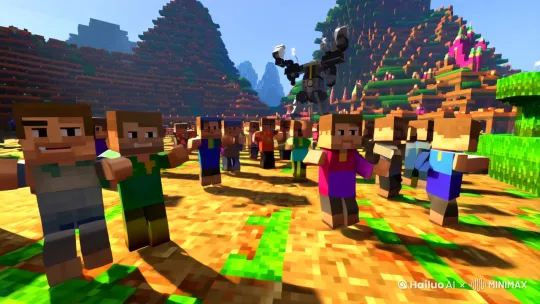 Minecraft里的村民为庆祝打败史蒂夫的邪恶机器人而在广场跳舞[左移,上升] by Hailuo AI Video Generator