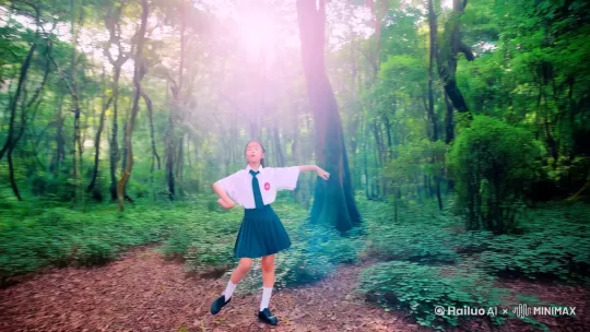一个深圳校服美女在森林里唱歌跳舞 by Hailuo AI Video Generator
