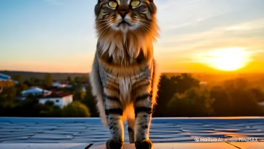 画面主体：
一只霸气十足的狸花猫
站在屋顶上
昂首挺胸，目光炯炯
毛发蓬松，花纹清晰
尾巴高高翘起，尾尖微微摆动[上升]
环境氛围：
夕阳西下，天空被染成金黄色
屋顶铺着青灰色的瓦片
远处是错落有致的房屋和树木
微风吹过，树叶沙沙作响[变焦拉远]
镜头语言：
特写：狸花猫炯炯有神的眼睛，展现出它的自信和威严
中景：狸花猫站在屋顶上，俯瞰着脚下的世界
远景：夕阳下的屋顶和远处的风景，衬托出狸花猫的孤独和高傲 by Hailuo AI Video Generator