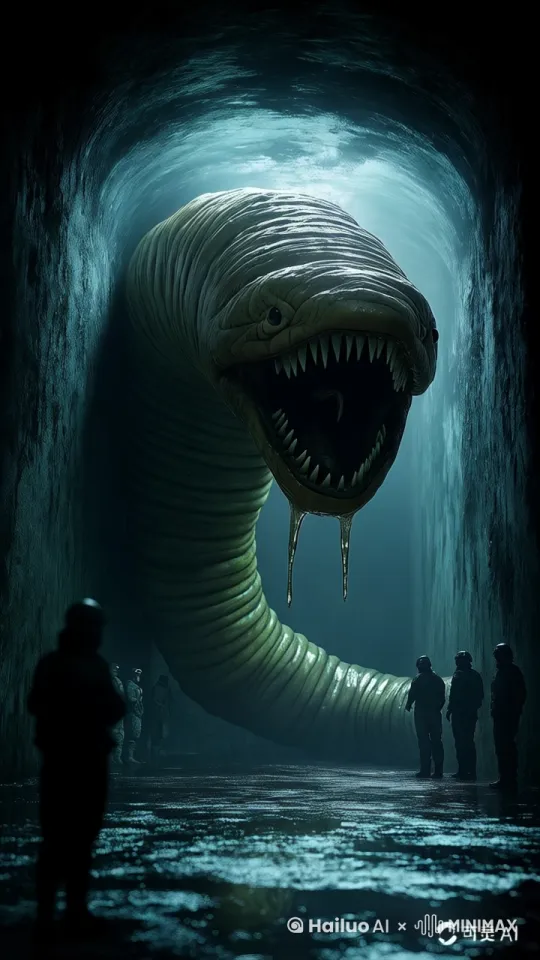 A massive, terrifying worm-like creature lurks in a dark underground tunnel. Its slimy, segmented body glistens under dim artificial lights. The creature's enormous, gaping mouth is filled with razor-sharp teeth, resembling a monstrous leech or an alien predator. A group of hazmat-suited scientists or soldiers stand nearby, cautiously observing the beast, their flashlights casting eerie shadows on the damp concrete walls. The atmosphere is ominous and cinematic, evoking a sense of deep-sea horror or sci-fi thriller. Ultra-realistic, highly detailed, photorealistic rendering, cinematic lighting by Hailuo AI Video Generator