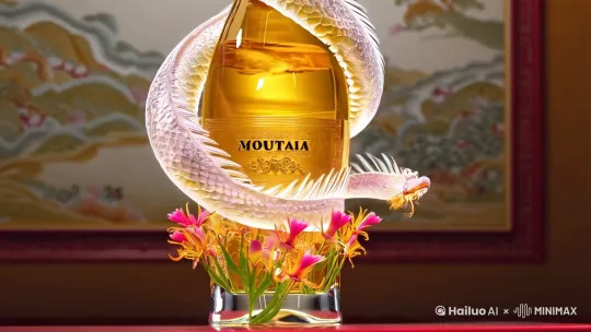 一只融合水形态的龙,透明度百分之八十,围绕着茅台酒瓶子从下到上螺旋盘转,背景是古风的中国画,茅台酒瓶微微旋转,前推运镜,大师级商业CG结合实景拍摄,8K超高清,tvc级别灯光氛围,酒瓶下面非常多酒花流淌在周围 by Hailuo AI Video Generator