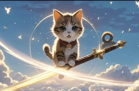 一只可爱的猫咪，站在一把发光的飞剑上，飞剑在空中飞行，背景是蓝天和白云，猫咪的毛发清晰可见，表情专注，飞剑周围有淡淡的光晕和气流效果，整体画面充满奇幻和动感 by Hailuo AI Video Generator
