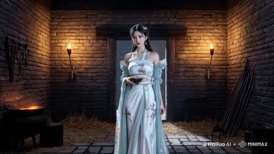 一个女人狠狠地向前泼出手中碗里的水， by Hailuo AI Video Generator