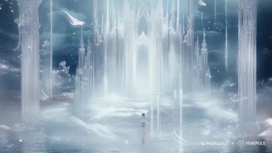 唯美梦幻画面，镜头后拉，拉远，呈现宏大壮观的水晶天宫全貌 by Hailuo AI Video Generator