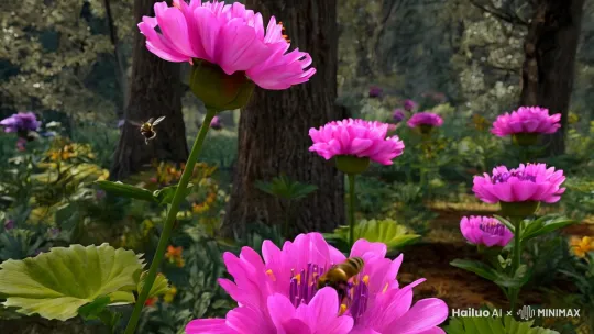 小蜜蜂从蜂巢里飞出来，飞向花园，一直大马蜂埋伏在花里面，等蜜蜂来花园采蜜的时候，就把蜜蜂抓住，然后被蜜蜂逃了，马蜂追到蜂巢外，小蜜蜂们，开始武装自己，把自己的针磨锋利，出来组成战阵，最后打跑了马蜂，视频要有音乐， by Hailuo AI Video Generator