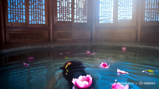 [场景] 唐代风格温泉浴池，氤氲水雾中漂浮着牡丹花瓣，月光透过雕花木窗洒落 [角色] 身着半透明素纱襌衣的古典仕女，湿漉漉的云髻缀着金步摇 [镜头] 低角度仰拍背身出浴瞬间，丝绸衣物呈现优雅垂坠感，发梢滴落晶莹水珠 [动态] 慢镜头捕捉纱衣随风轻扬的自然褶皱，配合飘落的花瓣营造诗意氛围 [细节] 珍珠光泽的皮肤，脸颊泛着沐浴后的淡淡红晕，丹凤眼低垂含羞 [特效] 水面泛着粼粼波光，加入动态模糊效果增强朦胧美感

制作建议：

使用RunwayML或Pika Labs生成时可添加参数：

风格：中国古典工笔画风
动态：slow_motion, flowing_fabric
灯光：moonlight_ambience, soft_focus
推荐使用SD 1.5配合Guofeng3模型，采样步数建议25-30步

音乐建议搭配古筝泛音与流水声的自然音效 by Hailuo AI Video Generator
