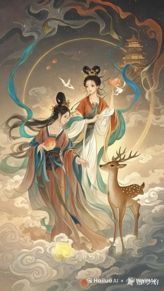 云彩流动，人物身后的飘带随风舞动，小鹿点头跳跃，人向前漂移 by Hailuo AI Video Generator