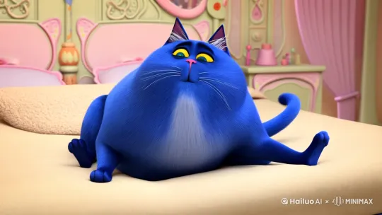 一只蓝色肥猫在被窝里抱怨着不想开学 by Hailuo AI Video Generator