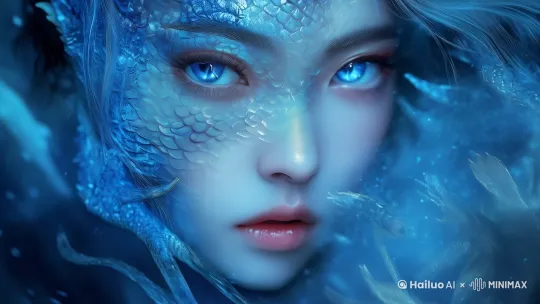 美丽龙女面部龙鳞生长，闪耀光芒，发光，仙气，唯美 by Hailuo AI Video Generator
