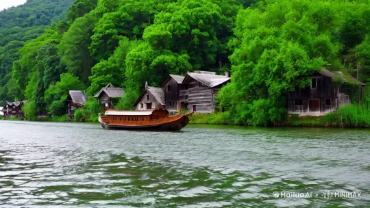 Small Ship River Scene Wooden Houses Lush Greenery
Serene Landscape The camera zooms in to reveal a small ship on the river. by Hailuo AI Video Generator