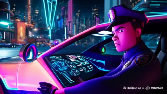 一个未来世界的警察驾驶一辆科技感满满的警车在未来世界追究一个亡命之徒，双方爆发激烈枪战 by Hailuo AI Video Generator