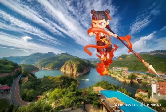 图中哪咤在天空，踩着风火轮，拿着标枪，飞舞 by Hailuo AI Video Generator