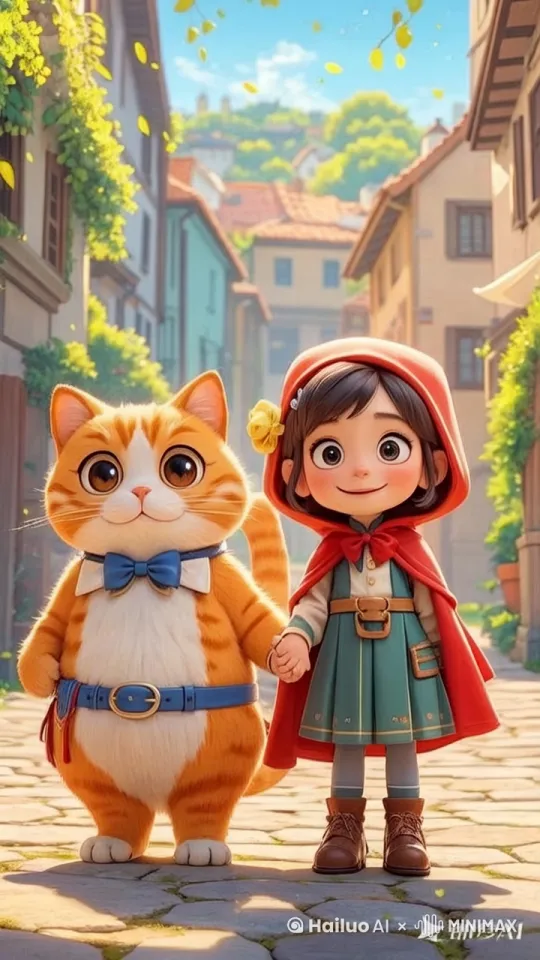 小橘猫和小女孩一起逛街，小女孩走累了，小橘猫二话不说，背起小女孩一溜烟跑着回家了，天气晴朗，画风卡通可爱 by Hailuo AI Video Generator