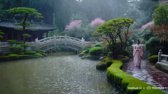 雨中的中式古典园林美丽又充满意境的景象 by Hailuo AI Video Generator