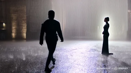 In the rain, a figure strode towards a woman in a futuristic black dress, they embrace each other, dramatic by Hailuo AI Video Generator
