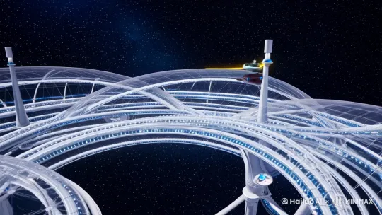 【地球同步轨道·星环七号太空港】

当穿梭机穿过电离层淡紫色的辉光，这座人类史上最大的轨道建筑便如钻石群般刺破深空。十二组同心圆环以精确的0.7弧度角交错旋转，银白色钛铱合金骨架撑起半透明的碳纳米穹顶，数以万计的泊位指示灯在真空中编织出三维星网。

第三环层的量子通讯塔正迸发幽蓝脉冲，将坐标讯号投射在每艘进港飞船的导航屏上。来自火星的赤晶矿运输舰展开折叠式散热鳍，暗红色船体滑过反重力泊渠时溅起量子涟漪；天鹅座移民局的曲速渡轮悬停在生态穹顶上方，乘客廊桥延伸出淡金色光带，将不同星域的生命体送入减压舱——触手泛着磷光的奥尔特星人、戴着呼吸面罩的开普勒遗民，还有裹在磁力服里的地球外交官，他们的倒影在零重力走廊里交织成星河。

泊区117-C传来机械蜂鸣，六足维修机器人正用纳米焊枪修补猎户座走私船的隐形涂层。透过船坞观察窗，能看见下方缓缓转动的蔚蓝地球，云层漩涡与港口外围的防御炮塔形成奇妙呼应。突然，中央调度塔射出三道镭射导航束，为刚脱离超空间的新雅典号战列舰开辟通道，舰首雕刻的希腊字母Α在太阳风中灼灼发亮。

空气循环系统送来若有若无的臭氧气息，混着来自半人马座β星的花粉香料。货运区悬浮屏闪烁着希伯来语、标准汉语和三进制符号组成的泊位代码，集装箱幽灵般沿着磁轨飘向仓库，某个未系牢的货箱突然脱出轨道，立刻被应急引力阱捕获，在虚空中划出淡绿色的修正轨迹。

穹顶之外，冥王星货运舰队的聚变引擎正熄灭成暗红色光点，而来自金星城的观光穿梭机群刚亮起翡翠色的制动环，像一串突然苏醒的远古星座。 by Hailuo AI Video Generator
