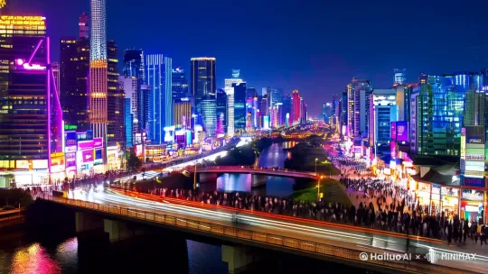 繁华都市的璀璨夜景，视角从高空俯瞰，城市中密集的摩天大楼林立，楼体上五彩斑斓的灯光交相辉映，闪烁的霓虹招牌如繁星般点缀其中。车辆在宽阔的道路上川流不息，形成一条条流动的光带，车灯的光芒在夜色中划出绚丽的轨迹。河流穿城而过，水面倒映着两岸的灯光，波光粼粼。热闹的商业街区，人群熙熙攘攘，店铺内灯火通明，橱窗里的商品琳琅满目。天桥上行人来来往往，轮廓在灯光下清晰可见。城市的天际线处，偶尔有飞机划过，尾部的灯光一闪一闪。画面色调以深蓝的夜空和暖黄、五彩的灯光为主，运用流畅的运镜，从全景到特写，展现城市夜晚的活力与魅力，具有电影级的画质，分辨率4K，帧率60fps。 by Hailuo AI Video Generator