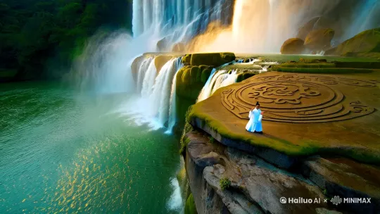 (masterpiece:1.5), (best quality), (ultra-detailed:1.3),
(aerial view:1.3) of a grand waterfall cascading into an emerald pool,
Behind the translucent water curtain: natural Tai Chi diagram carved on moss-covered granite cliff,
A Taoist practitioner in flowing Hanfu with wide sleeves, performing a slow-motion Tai Chi pose on a misty rock platform,
(Drone perspective:1.2), (wide-angle lens:1.1), (dynamic water flow:1.4),
Tyndall effect rays piercing through mist, (ancient Chinese landscape painting style:0.9),
4K resolution, cinematic lighting, fog atmosphere by Hailuo AI Video Generator