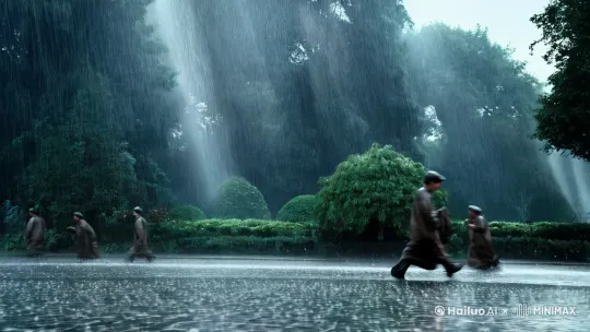 雨水时节雨纷纷，打工人在街上[右移,左摇,跟随] by Hailuo AI Video Generator