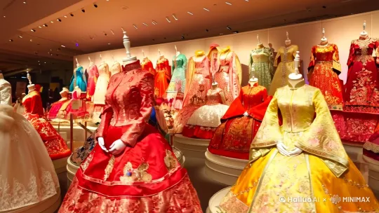 [左移,右摇,跟随]一个展览馆里，展示凤冠霞帔，精美的展品，鲜艳的颜色 by Hailuo AI Video Generator