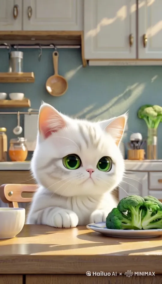 小猫一边说话，一边用手推开前面的菜盘 by Hailuo AI Video Generator
