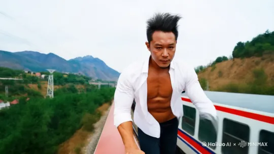平头的主体穿白色衬衫，敞开露出结实的胸肌与八块腹肌，在火车顶上奔跑 by Hailuo AI Video Generator