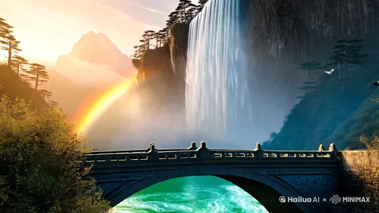 /imagine prompt: Chinese ink painting style, majestic waterfall cascading from misty clouds, towering cliff with pine trees, silvery water flow turning into milky mist, rainbow refracting through water droplets, ancient stone bridge in foreground, flying cranes, deep emerald pool with swirling currents, golden sunlight piercing through mountain peaks, ethereal atmosphere, dynamic composition with sense of motion, muted color palette with azure and celadon dominance, soft ink wash texture, misty ambiance --ar 16:9 --v 6 --style raw by Hailuo AI Video Generator