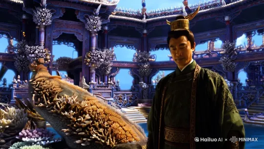 [下降,上摇]敖光在东海龙宫帅气的看向他儿子敖丙 by Hailuo AI Video Generator