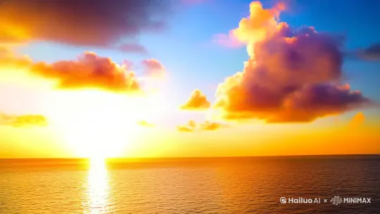 梦中，穿梭在夕阳下广阔的大海上方的彩云间 by Hailuo AI Video Generator