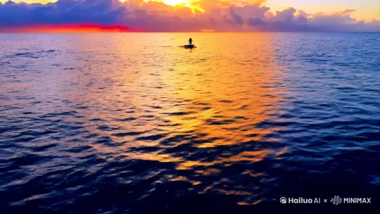梦中上帝视角，一人穿梭在夕阳下广阔大海彩云之上 by Hailuo AI Video Generator