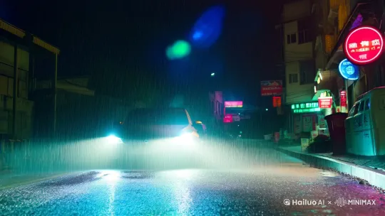 雨落得很细，像是有人在天空里撒了一整片的针尖。车灯穿过夜色，映出一条模糊的光路，空气里浮着泥土和汽油的味道。我坐在车里，窗外是江城的街道，熟悉又陌生。霓虹灯把积水染成碎掉的颜色，像是一场盛大的告别仪式，而我是唯一的观众。副驾驶的她低着头，看着手机，指尖停在输入框里，却迟迟没有敲下什么。她穿着一件深蓝色的风衣，肩膀微微耸着，像是风能吹走的姿态。 by Hailuo AI Video Generator
