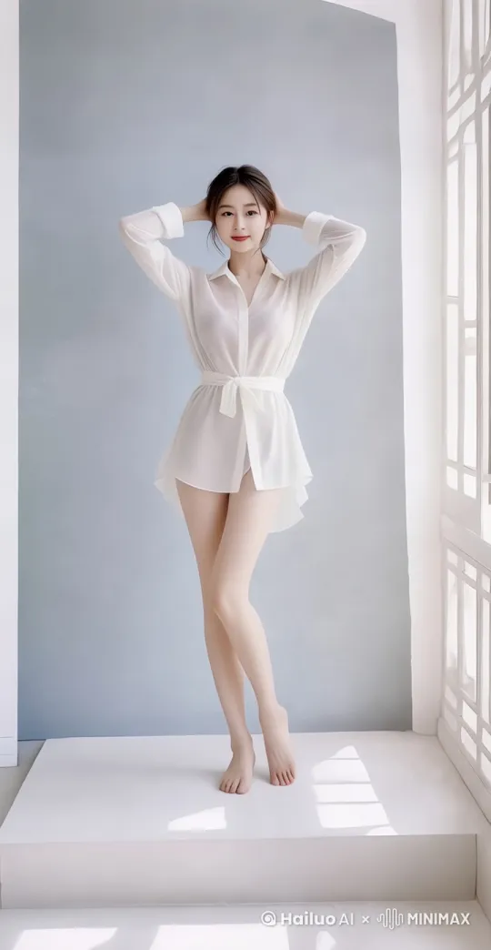 模特看向镜头，自信优雅，微笑。自然大方，高清好看，真实高级感，起身，往前走。 by Hailuo AI Video Generator