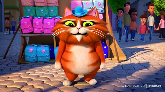 一只橘猫站在大街卖纸尿裤，一边哭一边笑 by Hailuo AI Video Generator