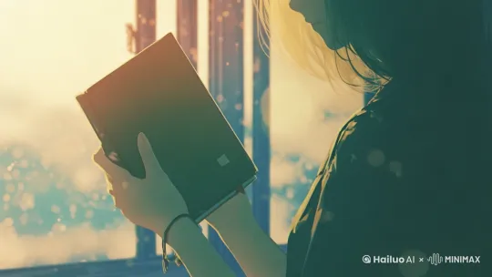 女孩轻轻打开书，书里面夹着一张机票 by Hailuo AI Video Generator