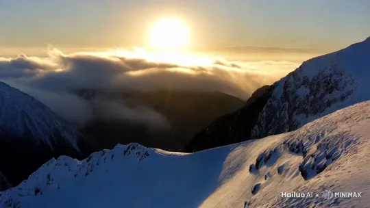雪山日出，霞光四射，云雾变幻。镜头从全景开始，缓慢推进至中景，再推进特写，然后再逐渐拉回到全景，同时跟随太阳的升起，霞光和风云的变化，画面变得非常美丽。16：9格式，高清分辨率，15秒长度。 by Hailuo AI Video Generator